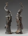 A PAIR OF CHINESE BRONZE PEACOCK CANDLE STICKS, 19TH CENTURY