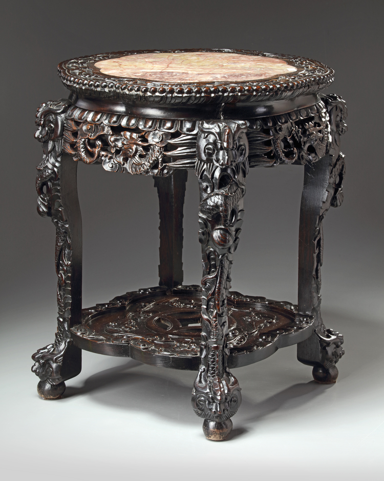 A Chinese pink marble-inset hongmu stand
