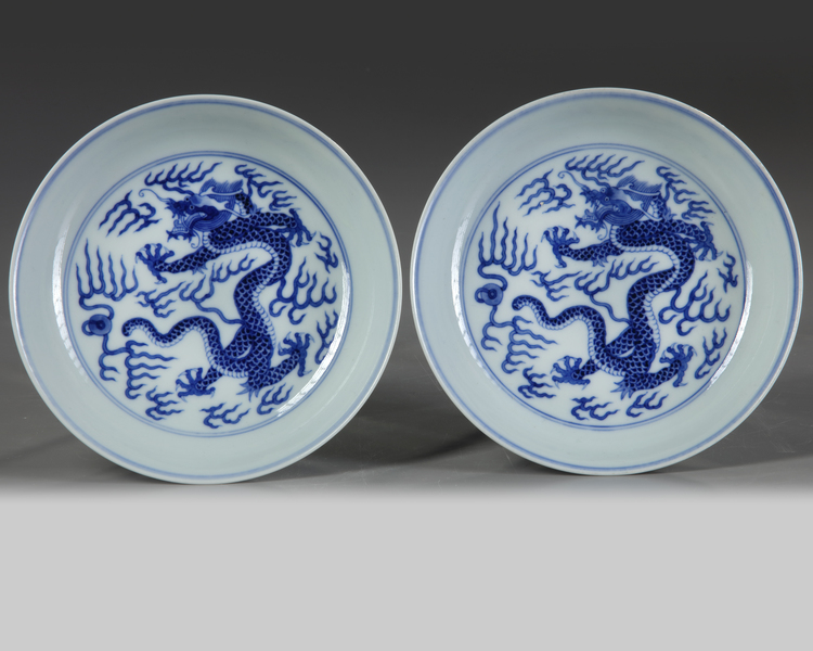 Two Chinese blue and white 'dragon' dishes