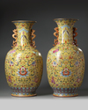 A PAIR OF LARGE CHINESE YELLOW-GROUND FAMILLE  ROSE VASES