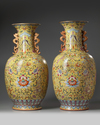 A PAIR OF LARGE CHINESE YELLOW-GROUND FAMILLE  ROSE VASES
