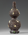 A Chinese mother-of-pearl-inlaid wood double gourd vase