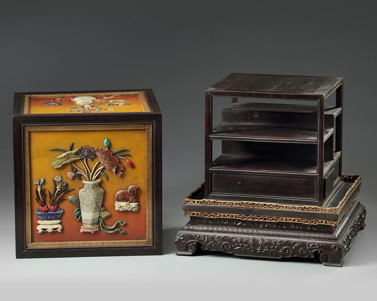 A Chinese hongmu display cabinet and hardstone-inlaid lacquer cover