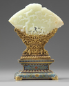 A Chinese pale celadon jade plaque and a cloisonné enamel stand