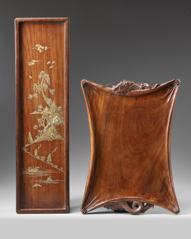 A Chinese wood tray and a bronze and mother of pearl inlaid scroll tray
