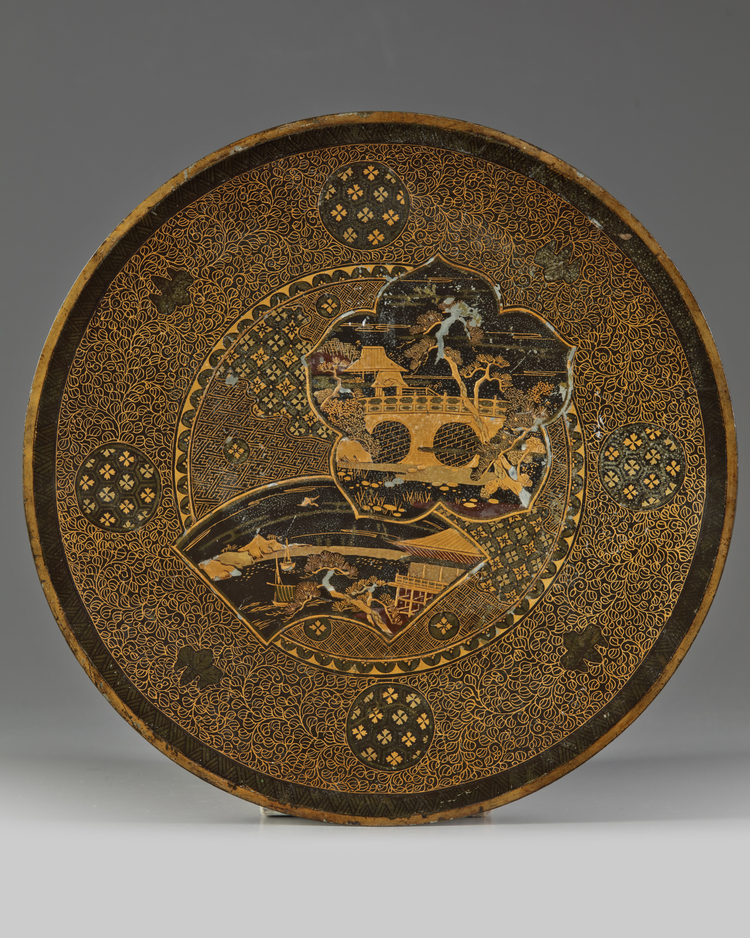 A bronze dish with gold and silver inlay, Kyoto school