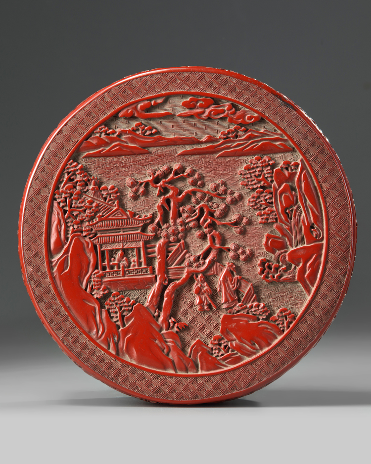 A Chinese lacquer box with garden scene