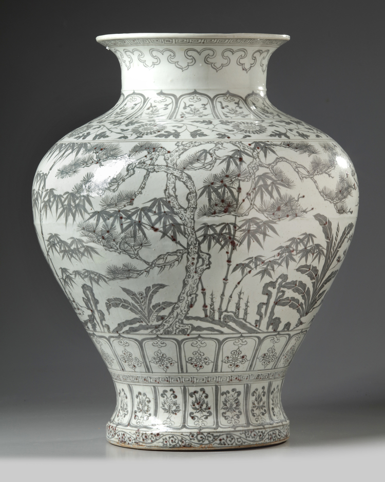 A LARGE CHINESE UNDERGLAZE COPPER-RED DECORATED 'THREE FRIENDS OF WINTER' JAR, MING DYNASTY(1368-1644) OR LATER