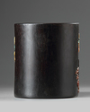 A Chinese soapstone and mother-of-pearl inlaid hardwood brush pot, bitong