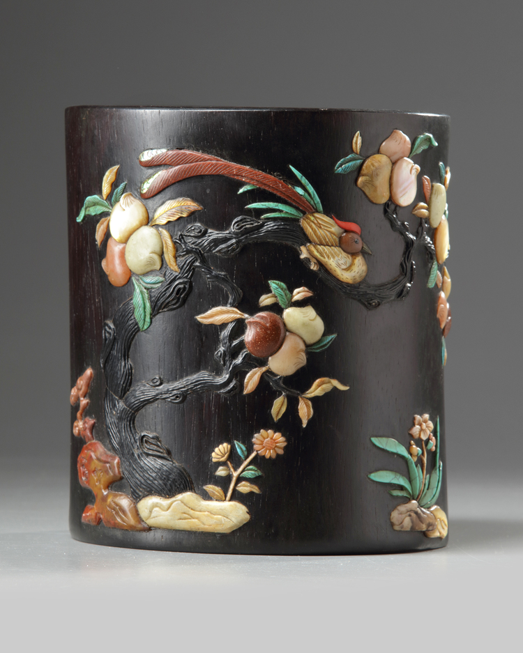 A Chinese soapstone and mother-of-pearl inlaid hardwood brush pot, bitong