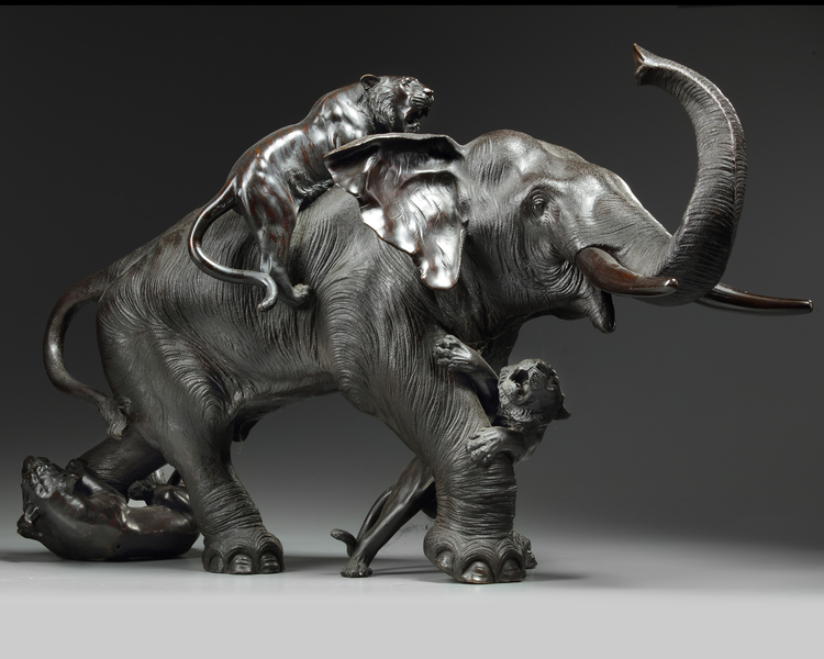A LARGE JAPANESE BRONZE ELEPHANT AND TIGER GROUP, MEIJI PERIOD (1868-1912)
