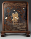 A JAPANESE WOODEN TUSITA SCREEN ON A STAND, MEIJI PERIOD (1868-1912)