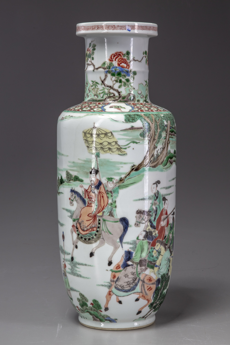 A Chinese famille verte 'figural' rouleau vase