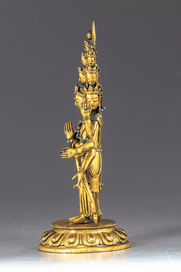 A Sino-Tibetan gilt bronze multi-headed Avalokitesvara