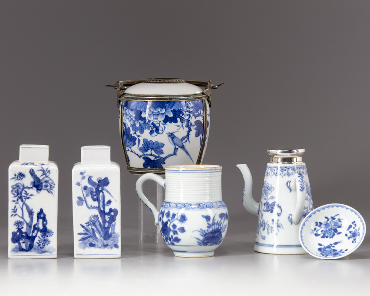 A group of six blue and white items