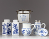 A group of six blue and white items