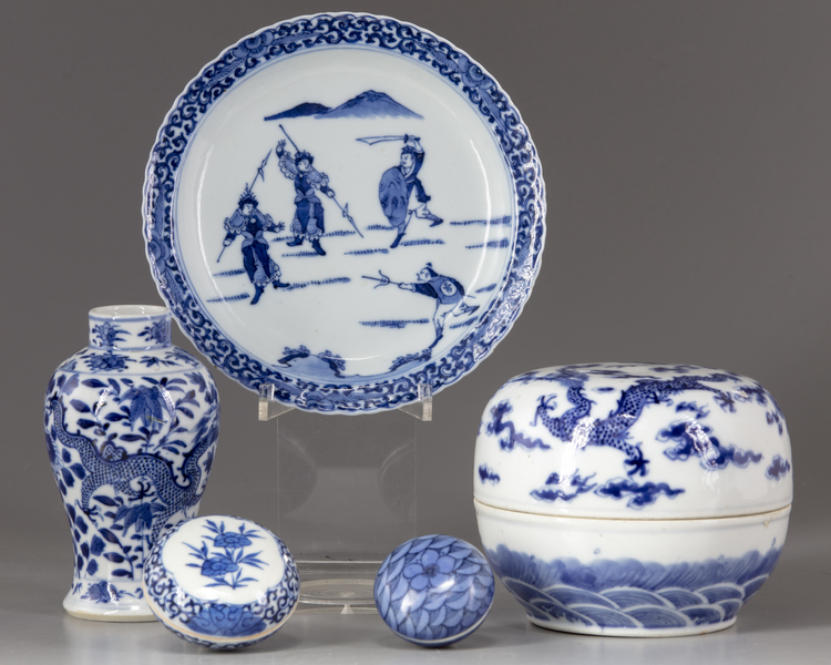 A group of five blue and white items