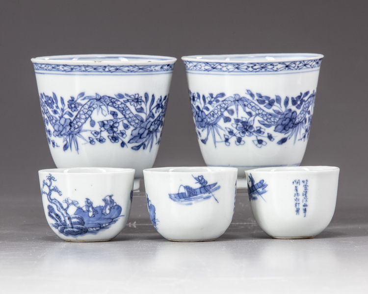 Five Chinese  blue and white cups