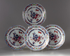 FOUR CHINESE FAMILLE ROSE DECORATED BLUE AND WHITE DISHES, 18TH CENTURY
