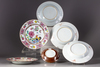 Five Chinese famille rose dishes and a saucer
