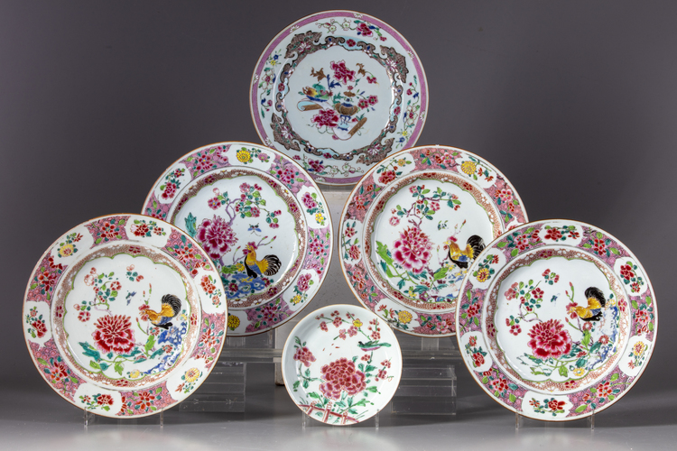 Five Chinese famille rose dishes and a saucer