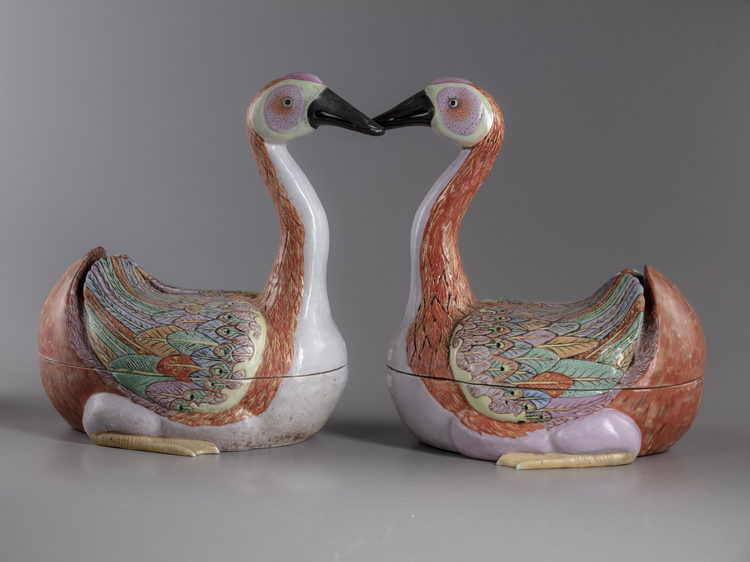 A pair of famille rose goose figures