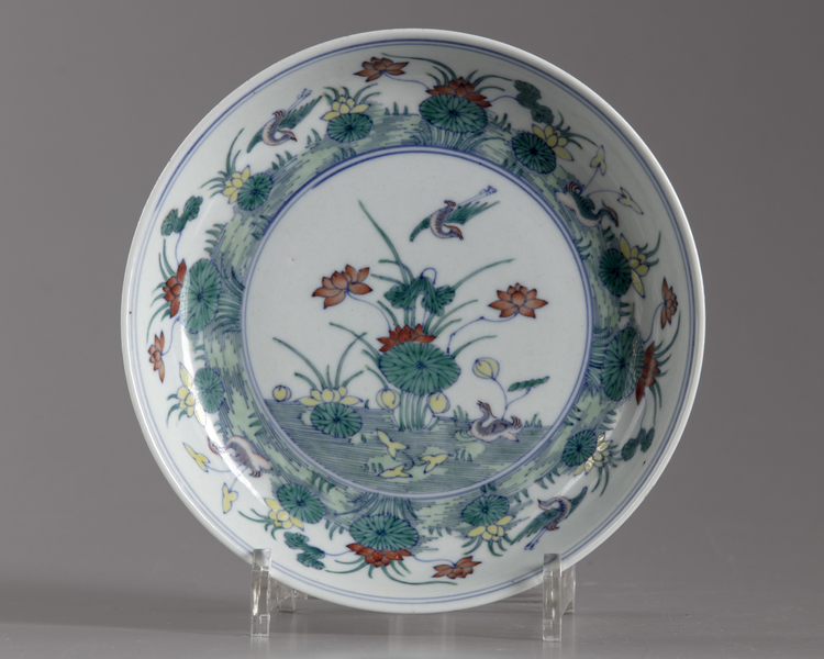 A CHINESE DOUCAI 'DUCK AND LOTUS POND' DISH, QING DYNASTY (1644-1911)