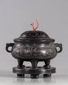 A CHINESE BRONZE CENSER WITH WOODEN STAND AND COVER