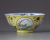 A Chinese famille rose yellow-ground sgraffiato 'Three Rams' medallion bowl