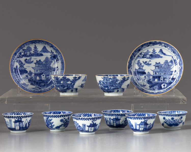 A group of ten blue and white objects