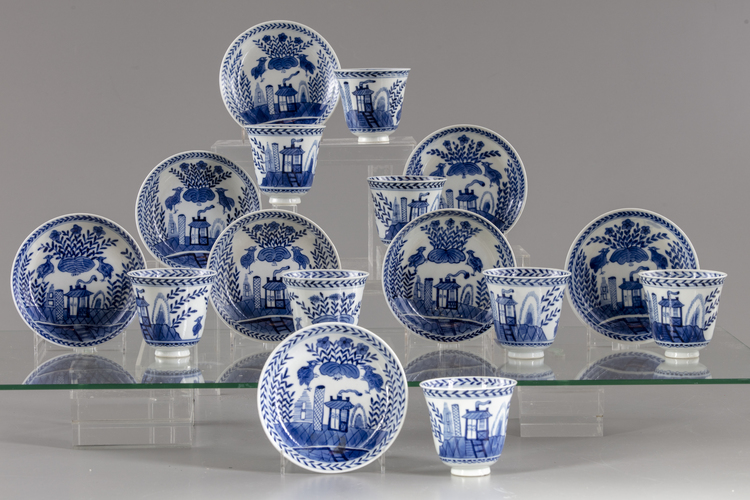 Eight Chinese blue and white cups and saucers