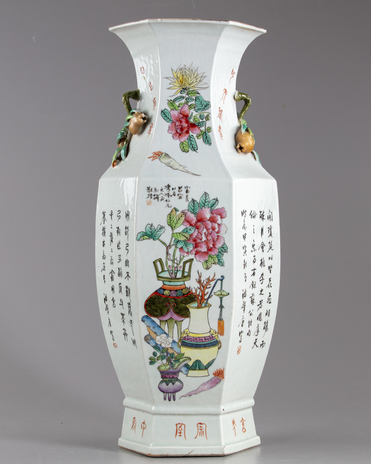 A Chinese hexagonal famille rose vase