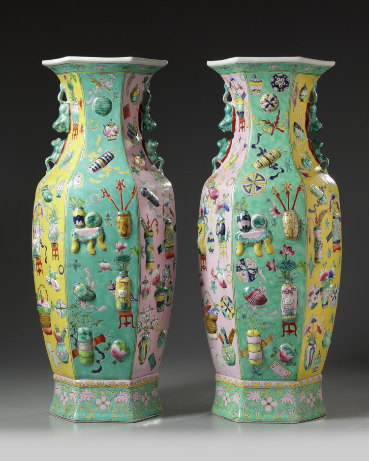 TWO LARGE CHINESE FAMILLE ROSE MOULDED 'PRECIOUS OBJECTS', HEXAGONAL VASES, 20TH CENTURY