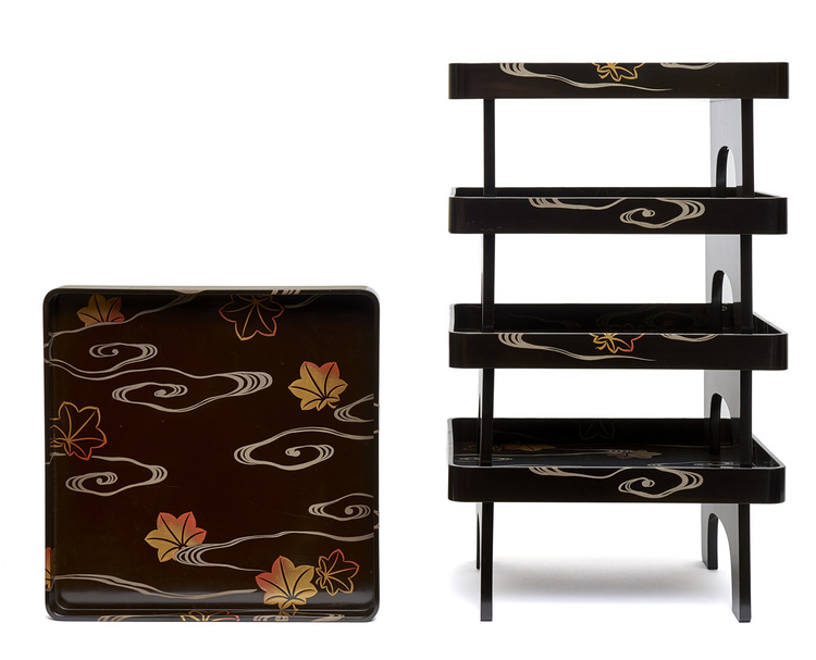 Set of five Japanese black lacquered low tables (zen) decorated with a design of mapple leaves and running water