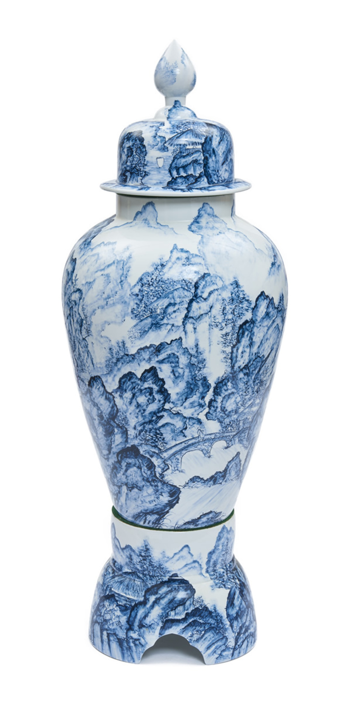 A very large Japanese blue-and-white (somezuke) Arita baluster vase (jinkōtsubo) on a separate stand
