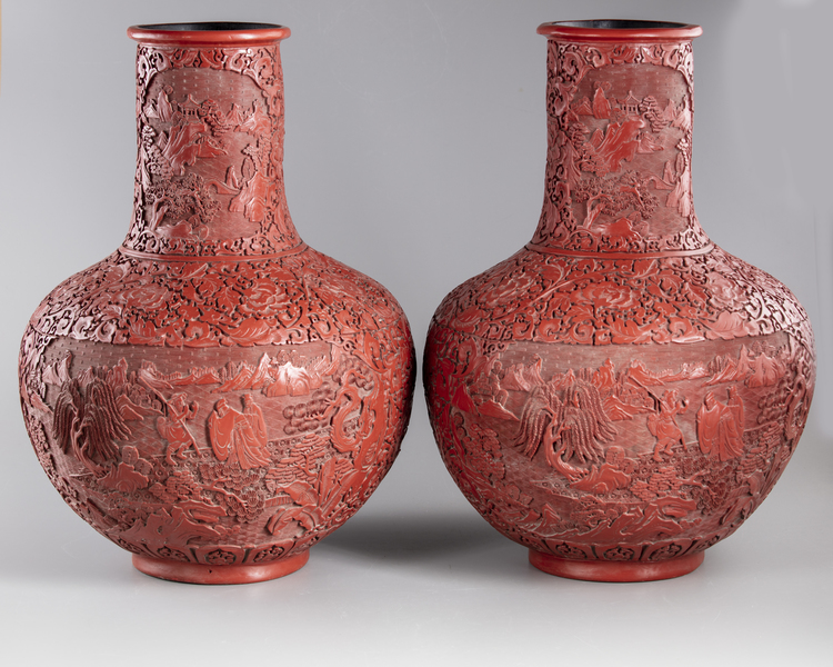 A PAIR OF LARGE CHINESE CINNABAR LACQUER VASES, TIANQIUPING