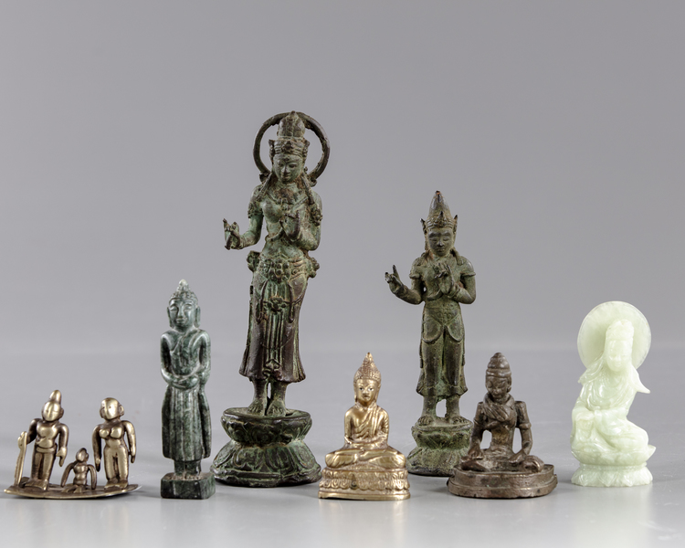 A group of five bronze and two jade figures