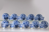 A group of eleven blue and white saucers and ten cups