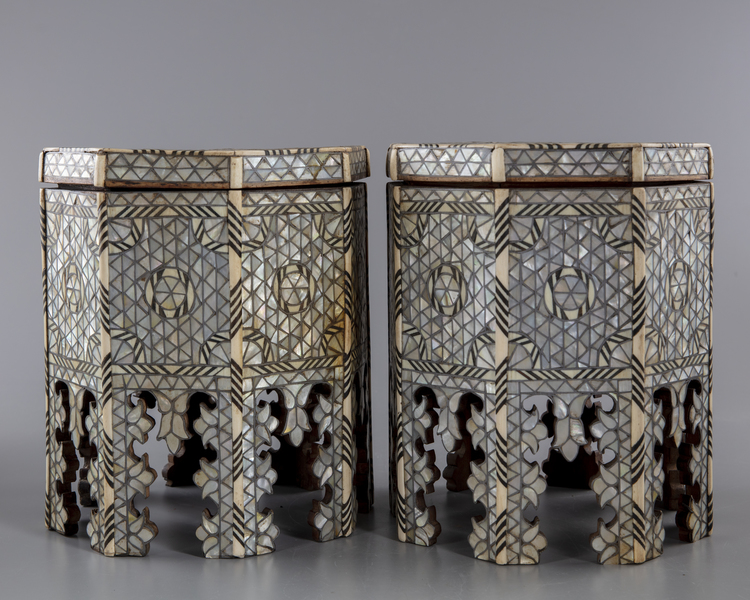 Two wooden mother of pearl inlaid tables