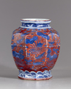 A Chinese octagonal deep red and blue jar