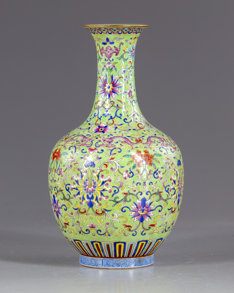 A Chinese famille rose lime green vase