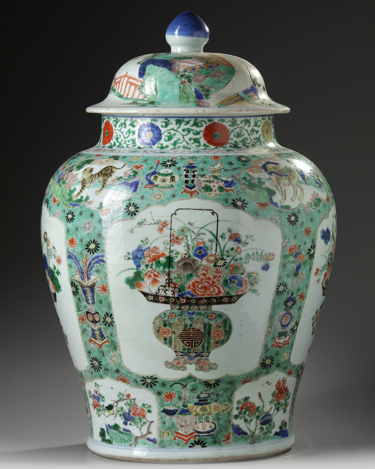 A large Chinese famille verte baluster vase and a wucai cover