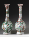 A pair of Chinese famille verte hexagonal bottle vases