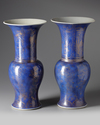 A pair of Chinese powder blue-ground gilt-decorated phoenix tail vases
