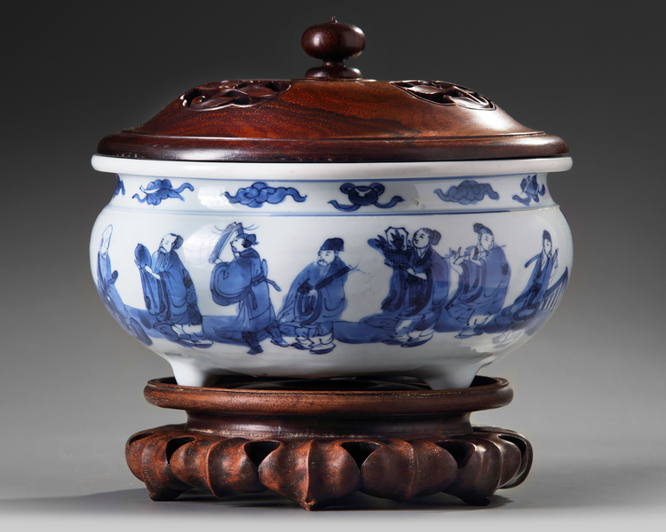 A Chinese blue and white 'Eight Immortals' tripod censer