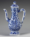 A small Chinese blue and white hexagonal ewer and cover