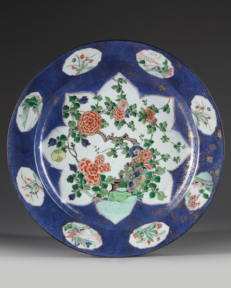 A CHINESE POWDER BLUE-GROUND FAMILLE VERTE CHARGER