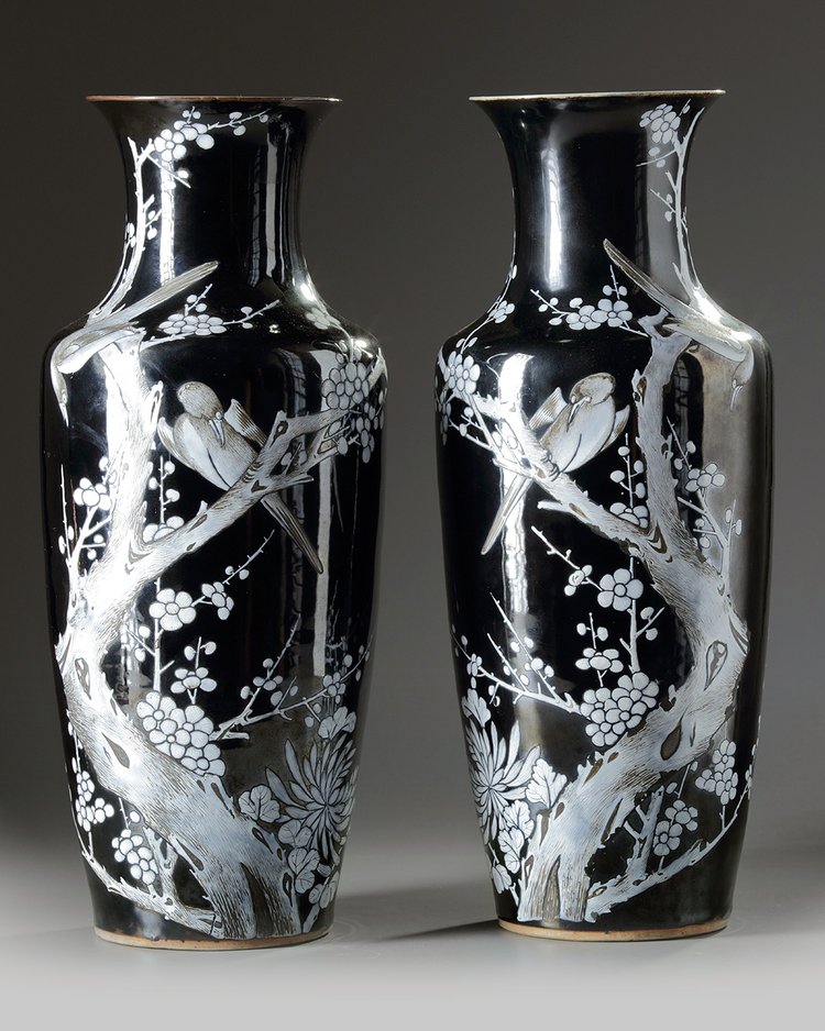A pair of Chinese black-ground enamelled 'magpie and prunus' vases