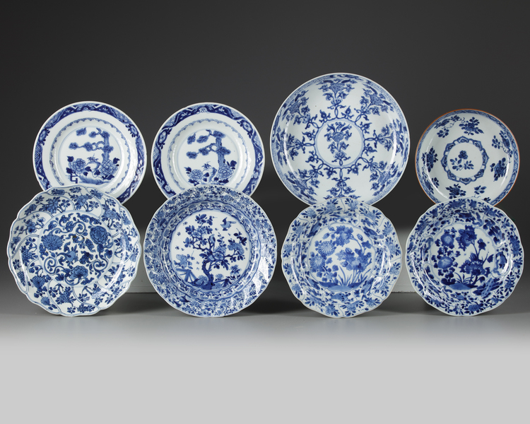 A group of eight Chinese blue and white dishes