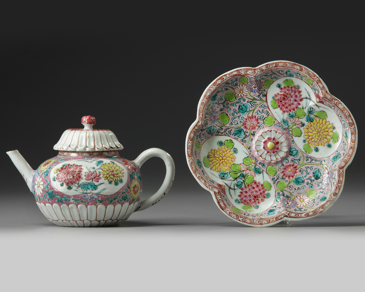 A CHINESE PINK-GROUND FAMILLE ROSE MOULDED 'CHRYSANTHEMUM' TEAPOT, COVER AND STAND